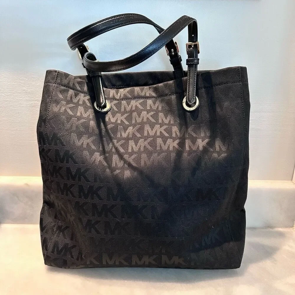 Michael Kors Canvas Logo Tote Bag Adjustable Strap Black Large Excellent Conditi
